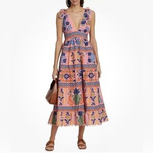 NEW Farm Rio Women’s Seashell Tapestry Pink Midi Dress Small Boho V-Neck Beach